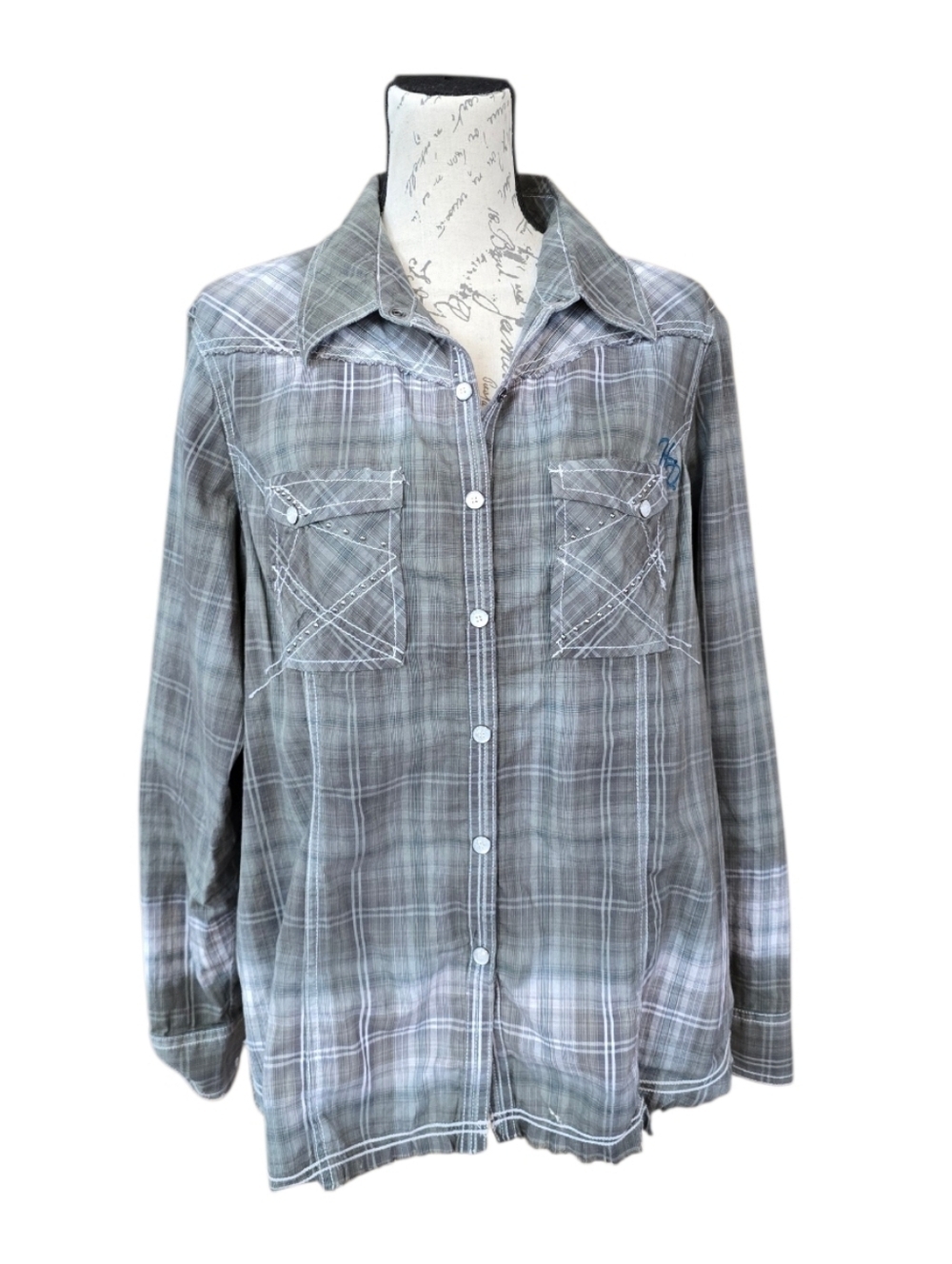 Harley-Davidson Graphic Gray Green Plaid Long Sleeve Snap Button Shirt 1W